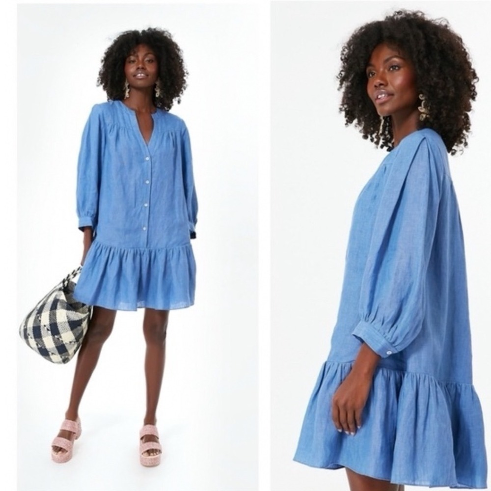 Tuckernuck Pomander Place Frankie Linen Dress In Blue Size Large